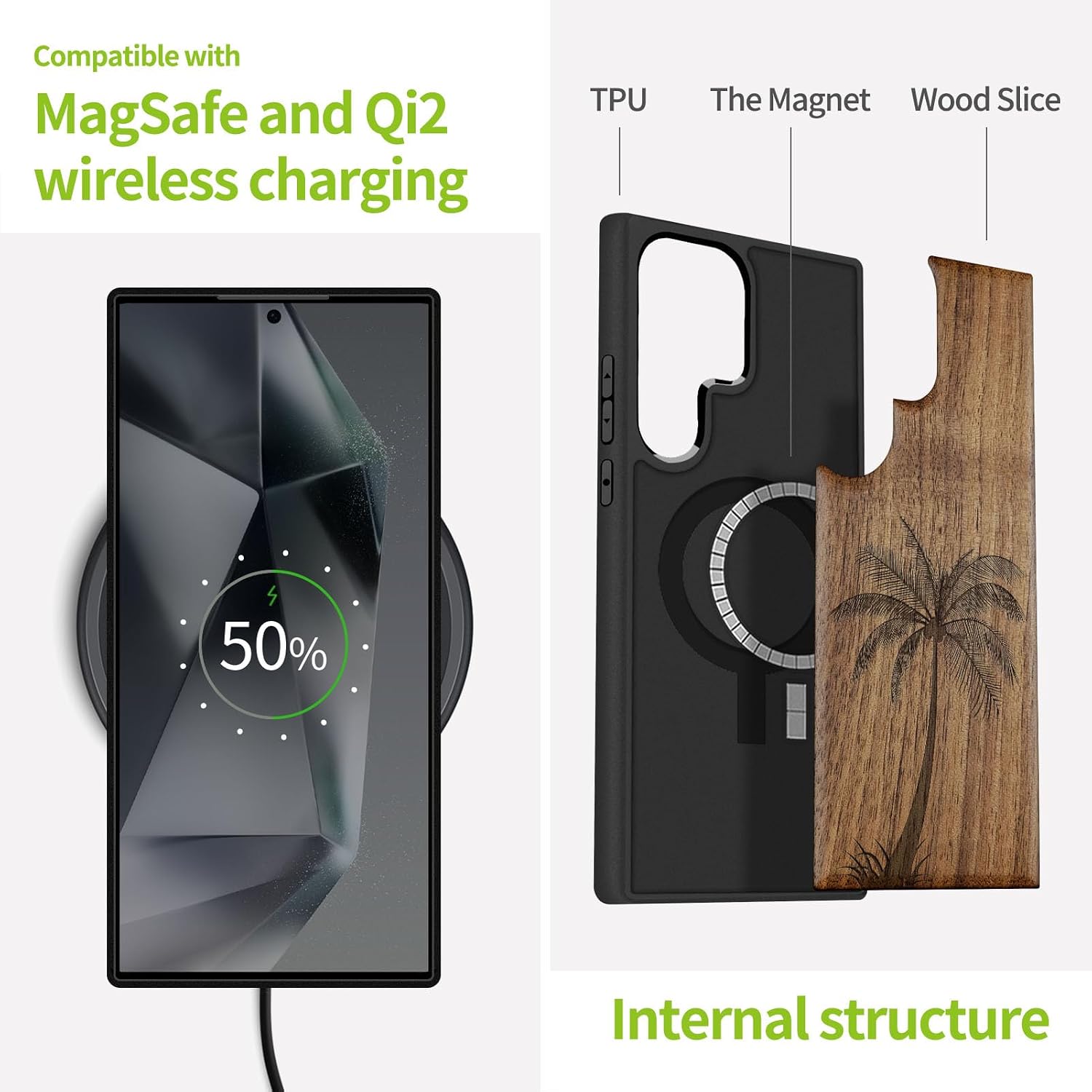 Carveit Magnetic Wooden Case for Samsung Galaxy S25 Ultra Case 2025, TPU Shockproof Cover & Wood Artisan Engraved, Compatible with MagSafe Wireless Chargers (The Palm Tree) Walnut