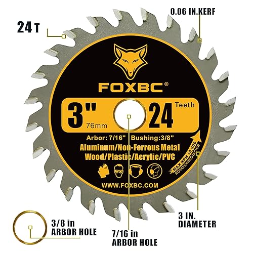 Miniatura 3 de FOXBC Hoja de sierra circular de carburo de 3 pulgadas, 24 dientes, 36 dientes para madera, plástico, PVC, acrílico, aluminio con eje de 716