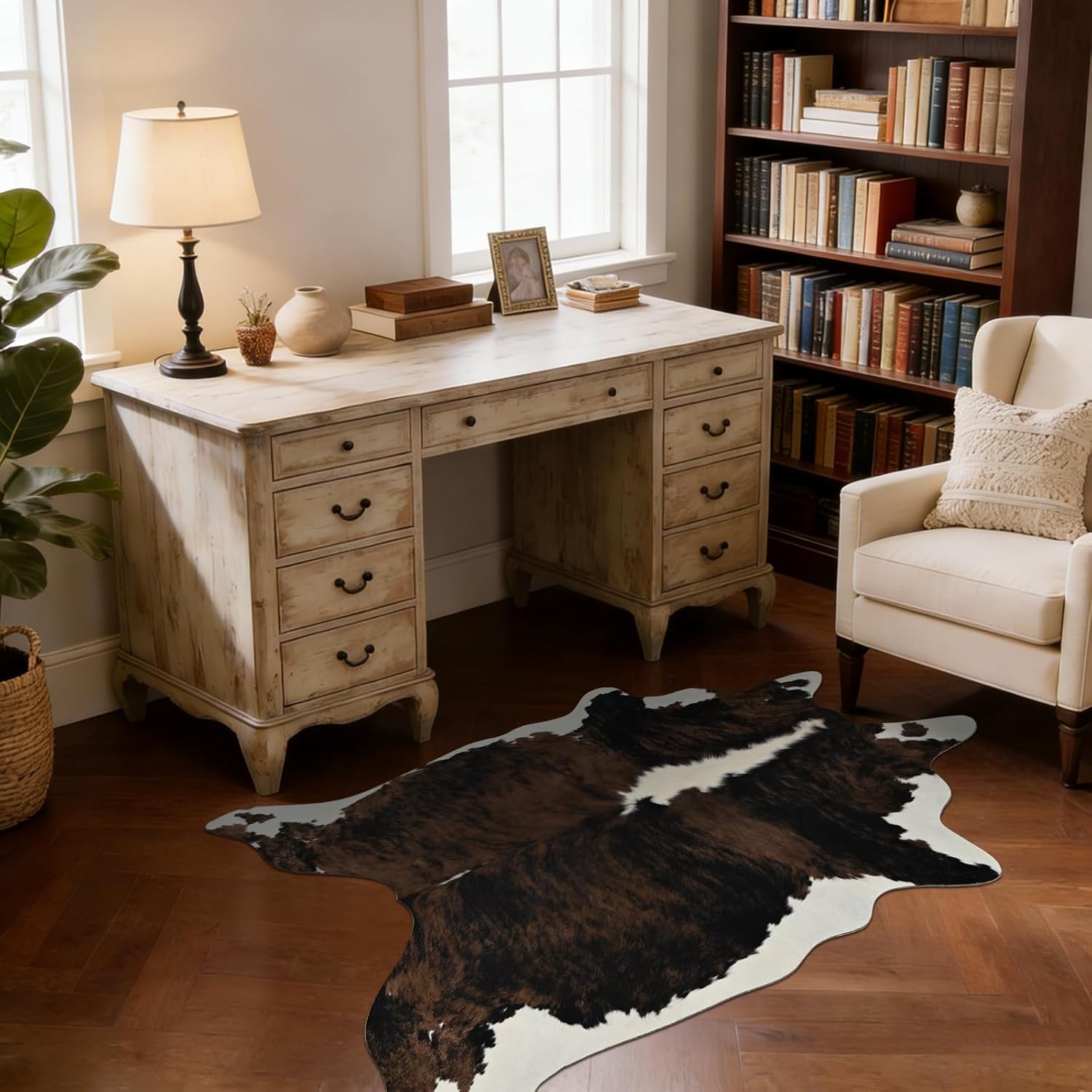BENRON Premium Cowhide Rug, Faux Cow Hide Rugs for Living Room Bedroom Western Home Decor, Non Slip Cute Rug with Irregular Animal Skins and Hides, Khaki Brown, 5.2 x 6.2ft