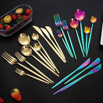 24 PCS Luxury Stainless Steel Knife Set, 6 X Dinner Forks, 6 X Dinner Knives, 6 X Dinner Spoons, 6 X Tea Spoons, Kitchen Travel Utensils Set Service for 6(Size:B,Color:Black)