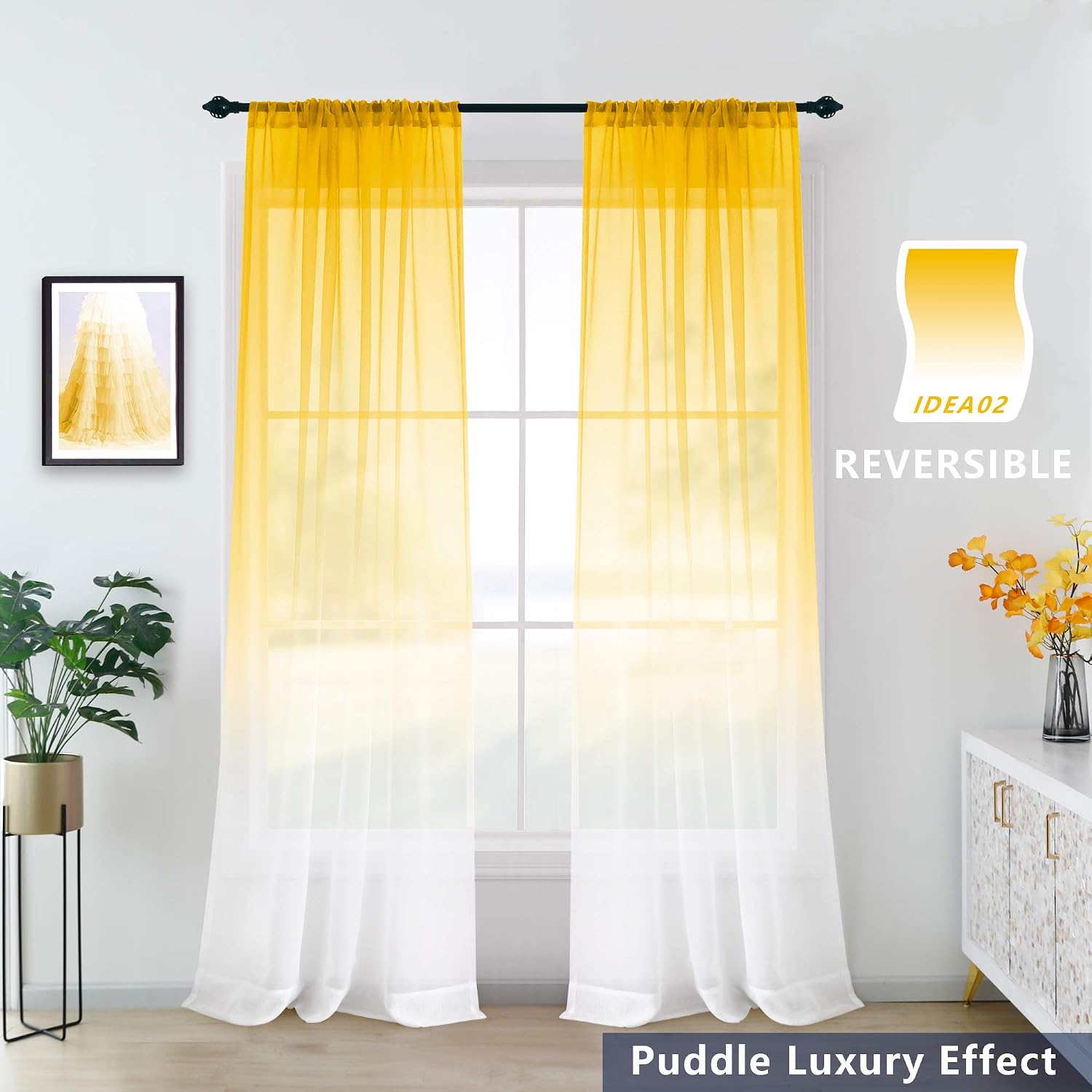 KOUFALL Spring Yellow Sheer Curtains 84 Inches Long, Bright Yellow and White Summer Curtains for Living Room 2 Panel Set, Lemon Yellow - Image 4