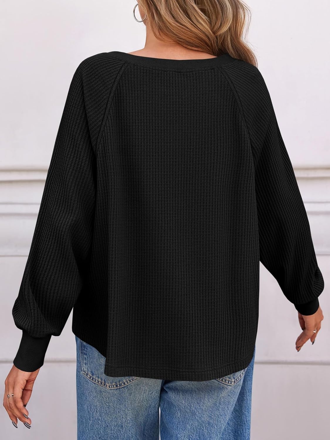 Fisoew Womens Oversized Long Sleeve Shirt Casual Waffle Knit Tunic Tops Lace Patchwork Pullover Sweatshirt - Image 4