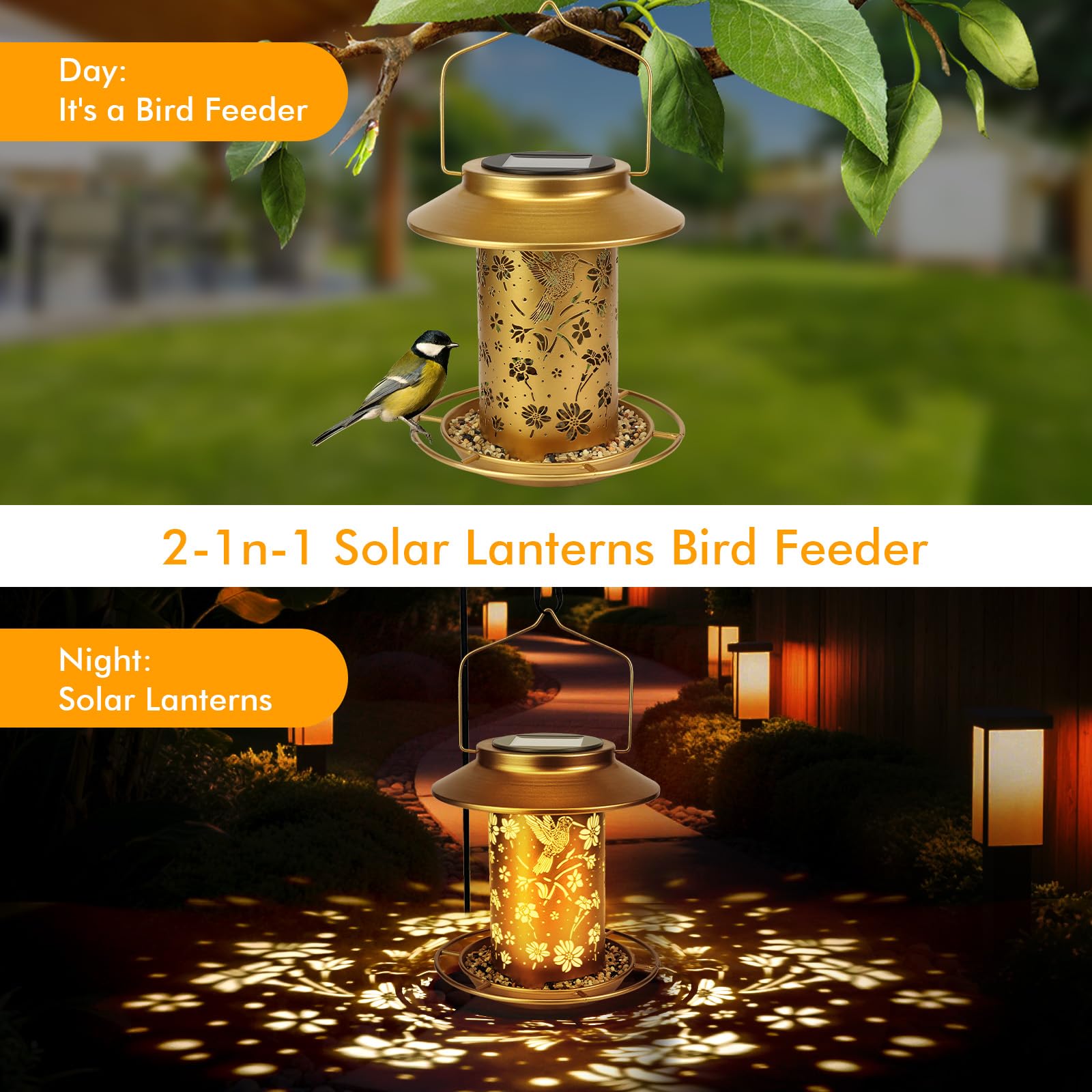 Mangiatoia solare per uccelli da appendere, in metallo, impermeabile, per esterni, lanterna da giardino, regalo ideale per gli amanti degli uccelli, donne e mamme, decorazione per cortile, patio