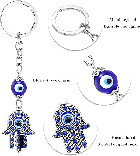 Vista 3 de Llavero de mano Hamsa, 5 piezas, llavero plateado contra el mal de ojo, dijes de protección de fatiga, azul de buena suerte, llavero para fijar a