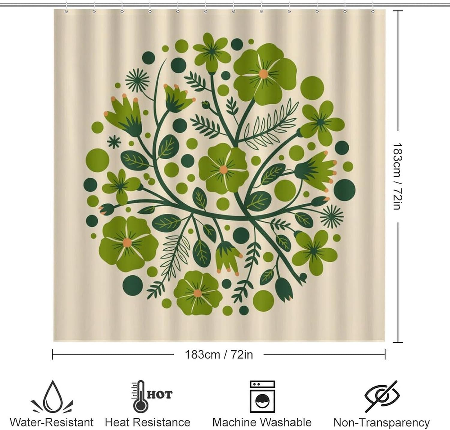 Bathroom Mat Set, Green Floral Pattern Printed on Bathroom Curtain Sets with Rugs, Designed for Farmhouse Boho Contemporary Bathrooms, 72 x 72 inches