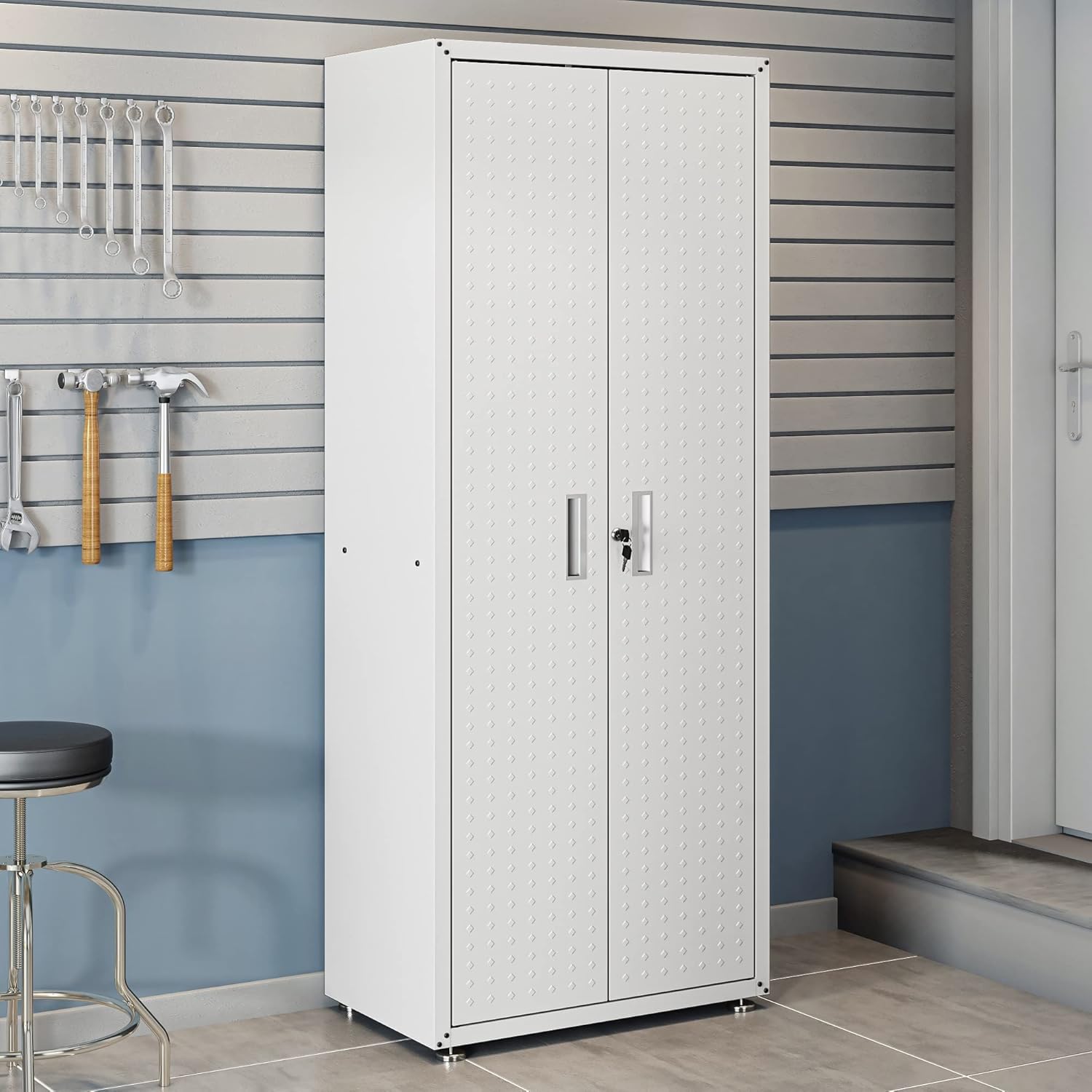 Manhattan Comfort Fortress Textured Metal 75.4" Garage Cabinet with 4 Adjustable Shelves in White