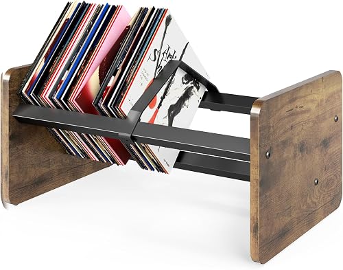 TVON Vinyl Record Storage Stand, Desktop Vinyl Holder shelf for 80-100 LPs,Record Storage Box with Adjustable Divider, Elegant Wood & Mental Vinyl Display Rack for Home Decor
