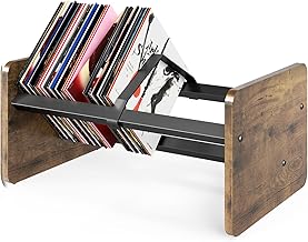 TVON Vinyl Record Holder, Wood and Metal Table Shelf Organizer with Adjustable Divider, Capacity 80-100 LPs, Decorative Display Stand for Records