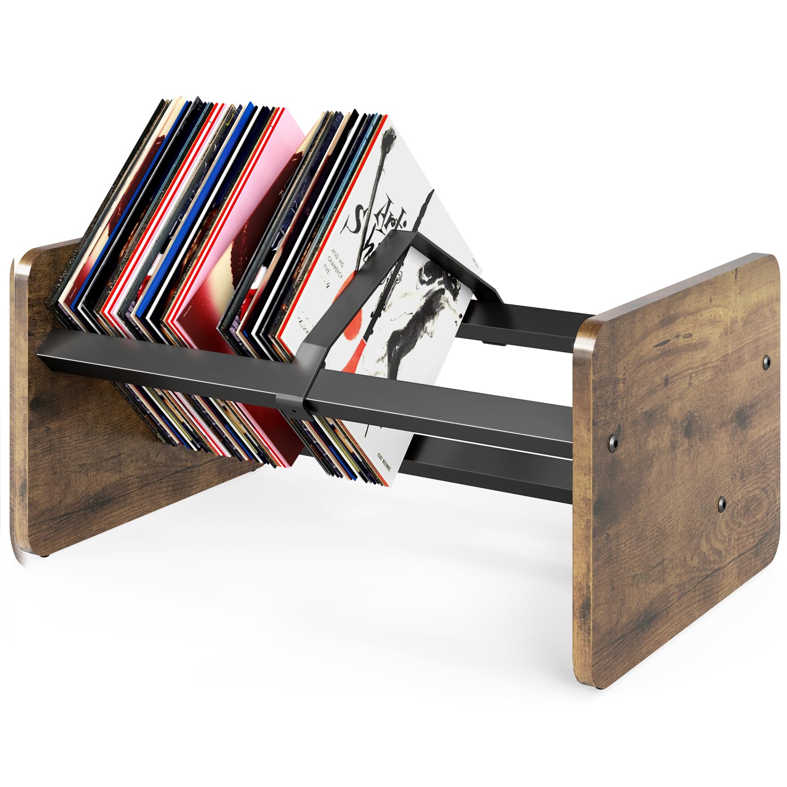TVON Soporte para Discos de Vinilo, Estante de Mesa de Madera y Metal, Organizador con Divisor Ajustable, Capacidad 80-100 LPs, Exhibidor Decorativo Soporte para discos