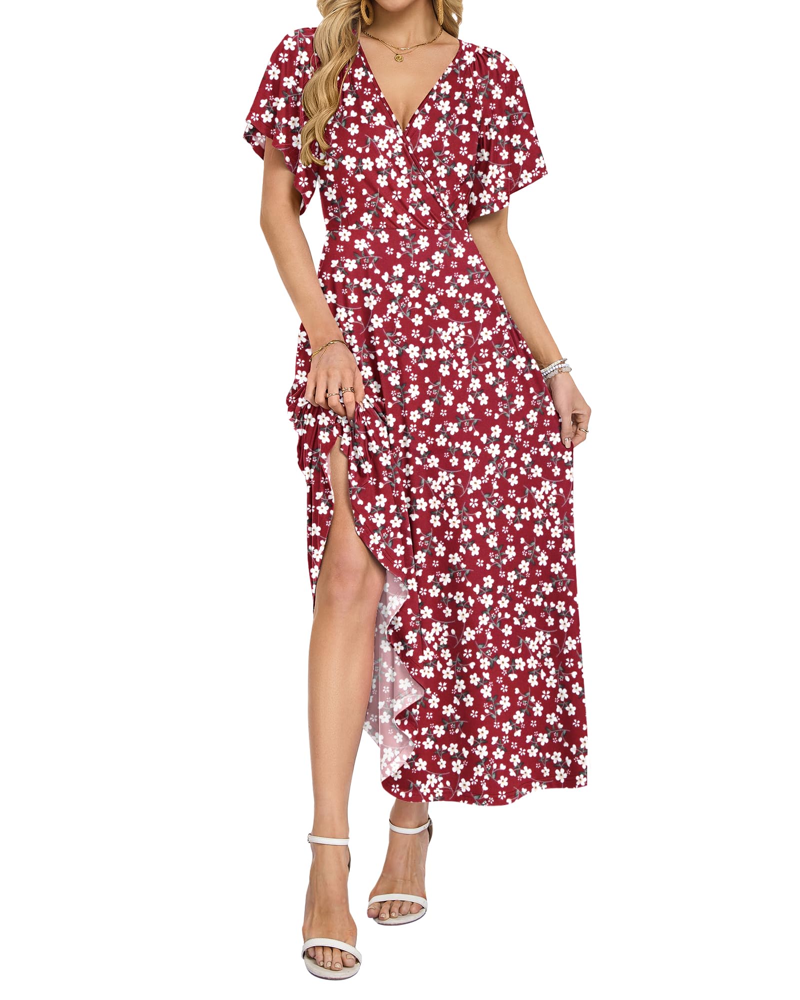 WNEEDU Robes d'été pour Femme Robe Longue à col en V Profond Robe Portefeuille élégante avec Poches