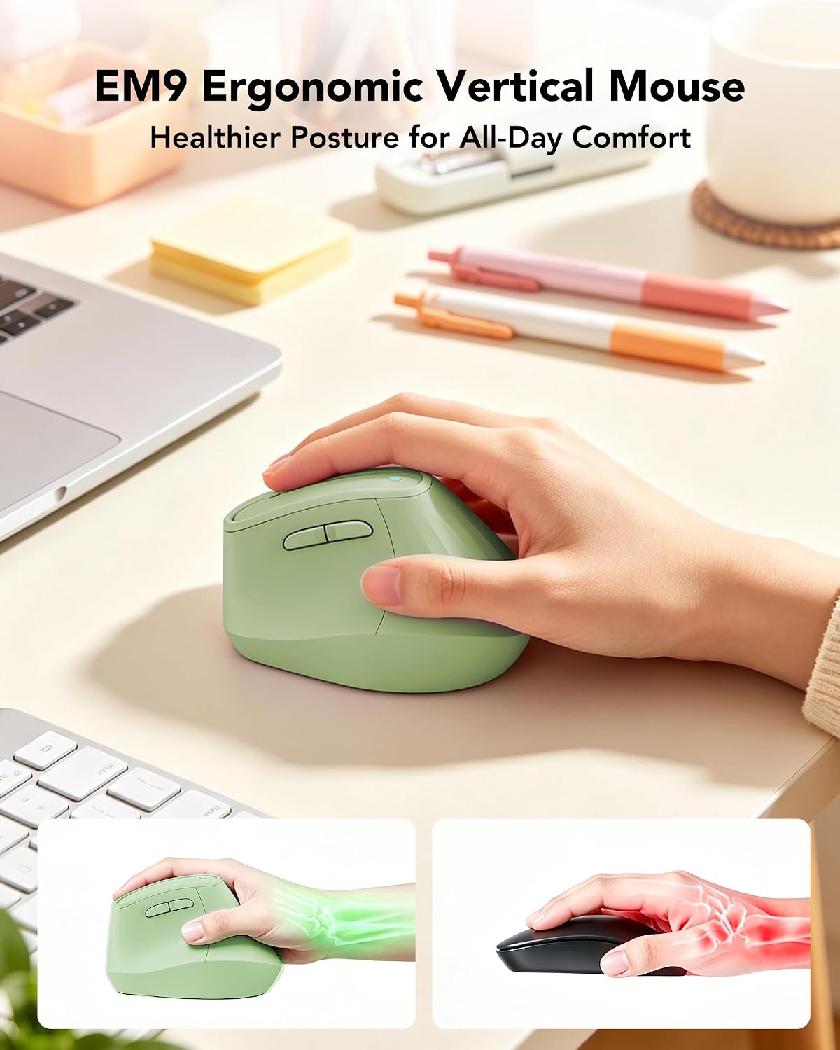 KYSONA Ergonomic Mouse Wireless, Bluetooth Vertical Mouse, 5-Level Adjustable DPI, 2.4G Silent Switch Mice for Windows, MacOS, IPadOS, Laptop, PC, Olive Green image 3