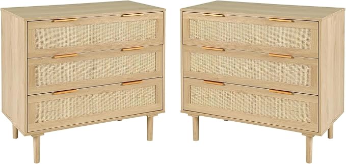 HOPUBUY Large Nightstand Set of 2 with Rattan Drawer, Modern 3 Drawer Night Stand for Bedroom, Wooden Bedside Table for Queen Size and King Size Bed,Oak