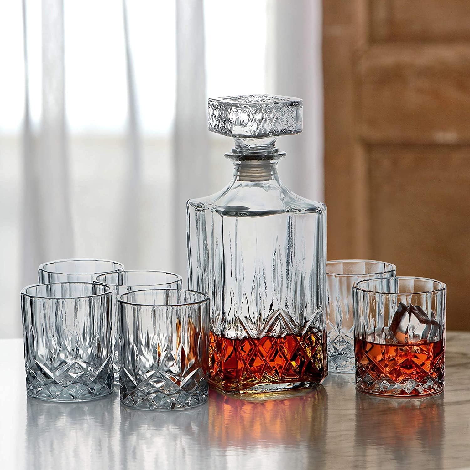 7 Piece Decorative Whiskey Decanter Set with Glass for Wine, Bourbon, Brandy, Liquor, 32 oz, Clear