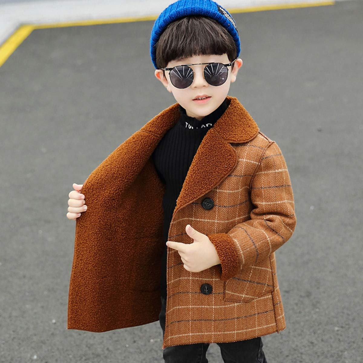 amropi Blouson Manteau Chaud Enfant Garçon Trench Croisé à Carreaux Épais Manteau Chaud Hiver Veste 2-10 Ans
