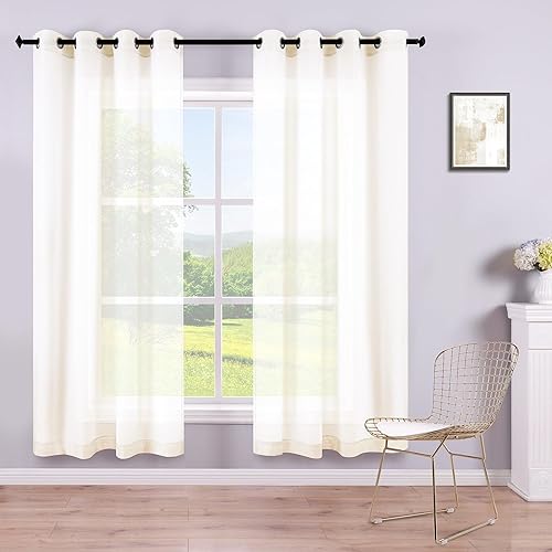 Cortinas traslúcidas color marfil con ojales, 2 paneles con aspecto de lino sintético para sala de estar y habitación, 52pulgadas de ancho x