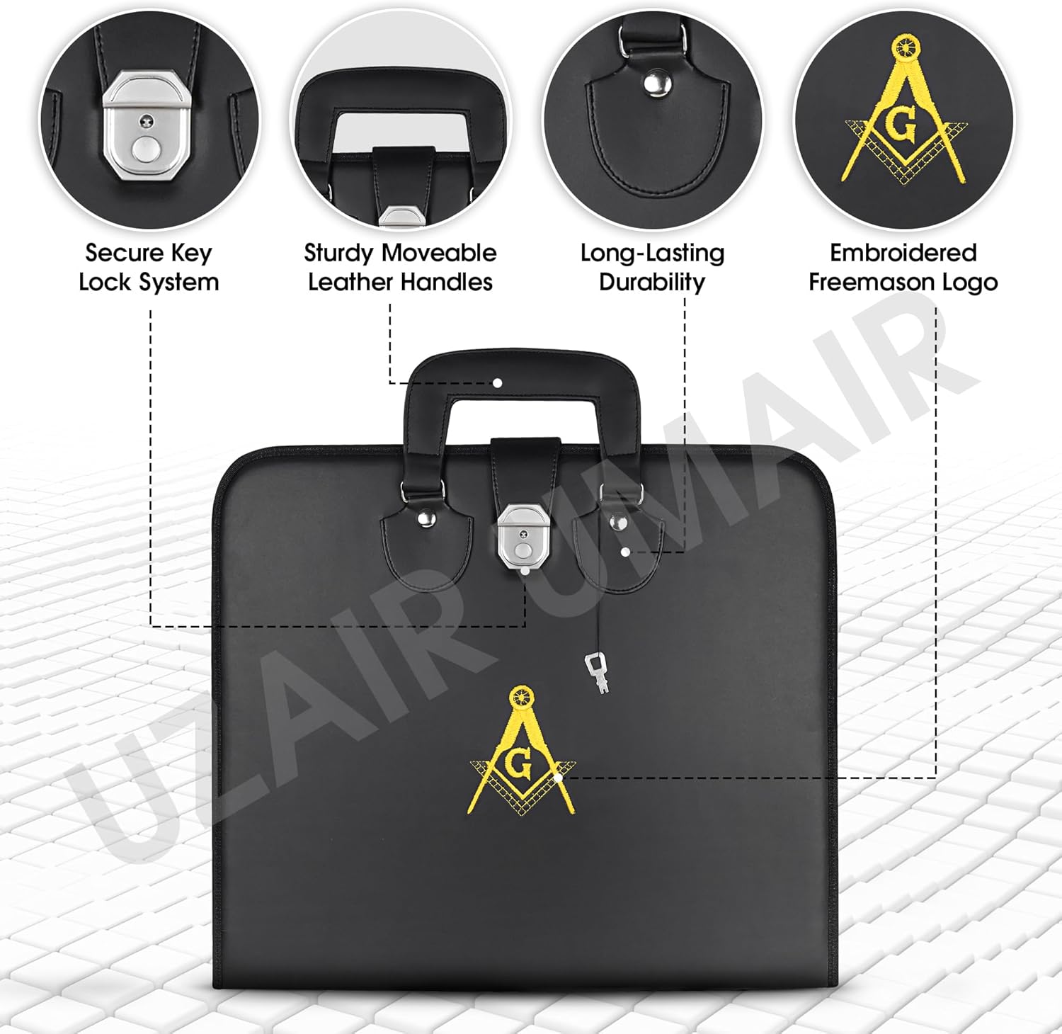 Masonic Master Mason Blue Lodge Apron Case, Faux Leather, 16x18 Inch with Embroidered Logo, Silk Knitted Tie Set