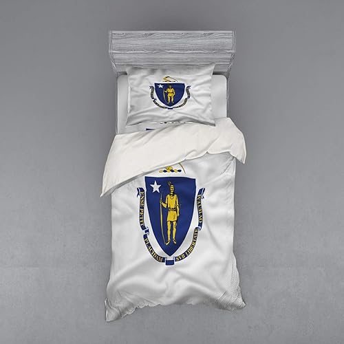 Miniatura 6 de Lunarable American Bedding Set, Massachusetts Flagg Holds a Bow and Pointing Downward Arrow, 4 Piece Duvet Cover Set with Shams and Fitted Sheet,