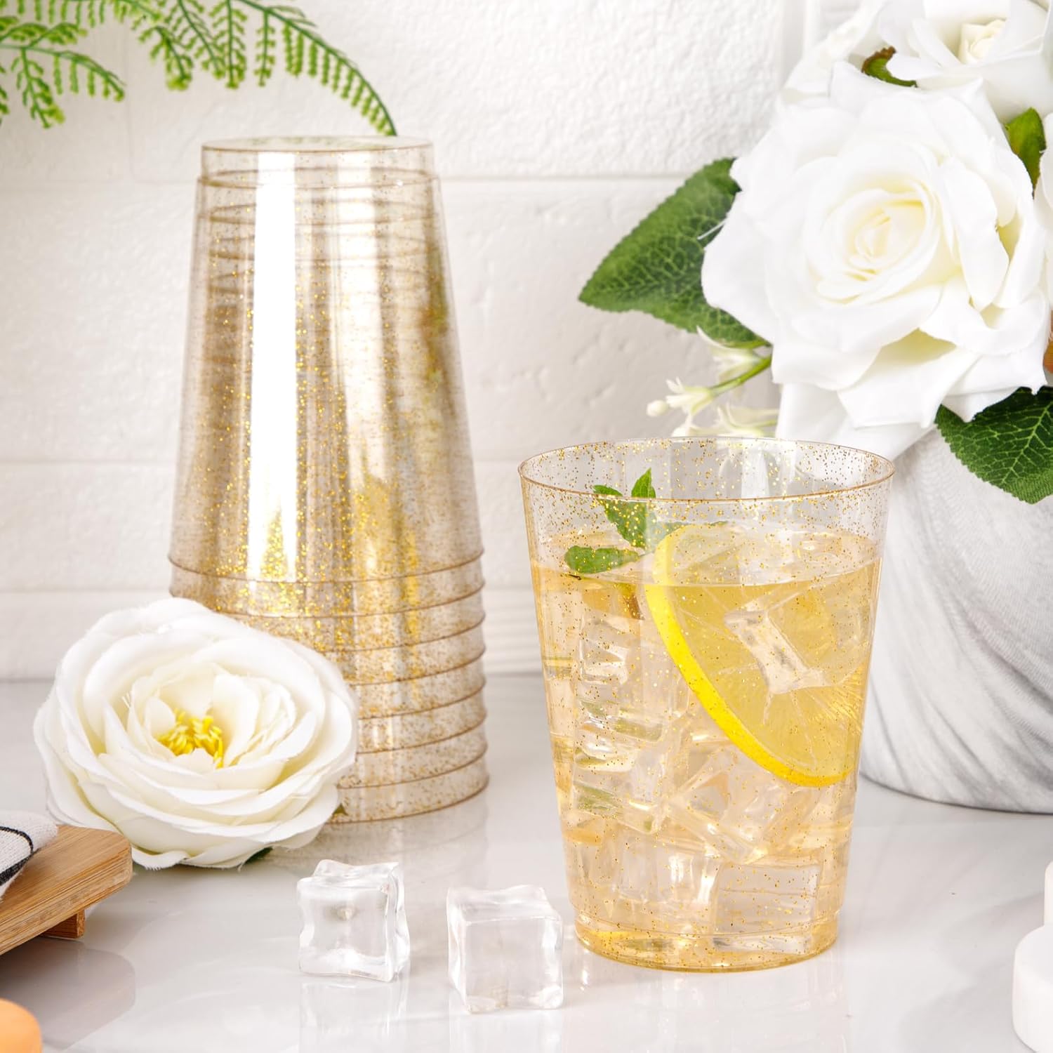 I00000 60 Pack 10oz Gold Plastic Cups, Premium Disposable Gold Glitter Plastic Cups for Martini and Cocktail,Hard Clear Disposable Cup with Gold Glitter Perfect for Fancy Wedding and Elegant Party Cup - Image 9