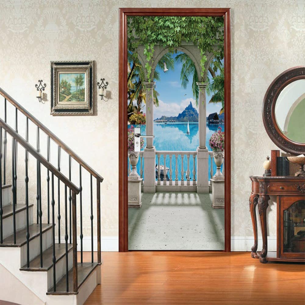 Trompe l'oeil Adesivi per Porte Vista mare ad arco Autoadesiva Impermeabile,Vinile PVC, Carta da parati per pareti e porte poster per la camera da letto e il soggiorno 77 x 200 cm