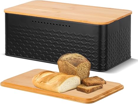 Phyllia Bread Box, Metal Bread Storage Container with Bamboo Lid Usable as Cutting Board, Breadbox Holder for Kitchen Countertop, 13 x 7 x 5.3 inch Black
