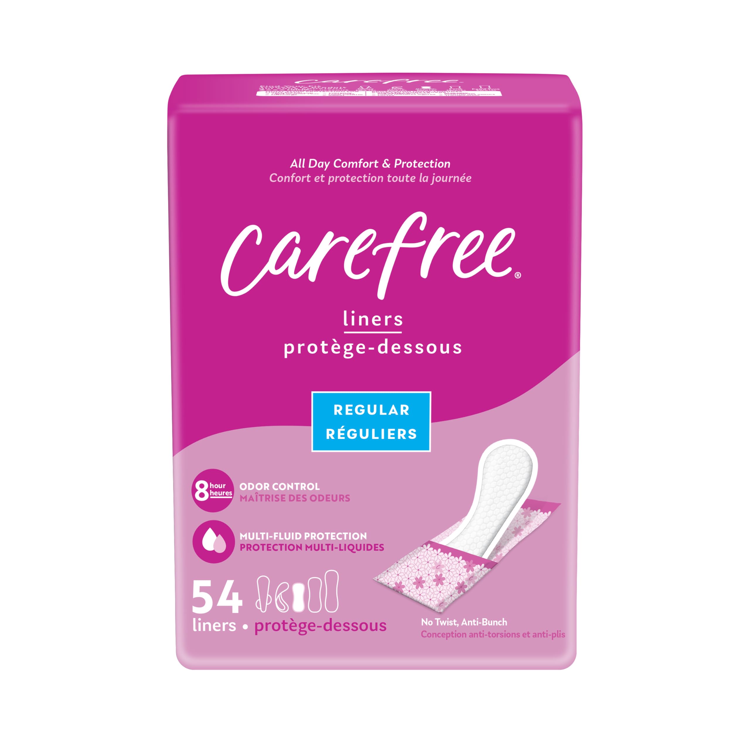 Carefree Panty Liners, Regular Liners, Wrapped, Unscented, 54ct (Packaging May Vary)