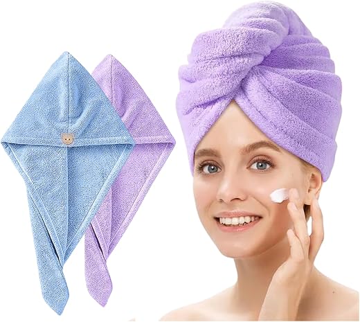 Fezora Hair Towel Wrap for Women (Pack of 2) | Quick-Dry Microfiber Hair Turban with Elastic Loop | Super Absorbent Hair D...