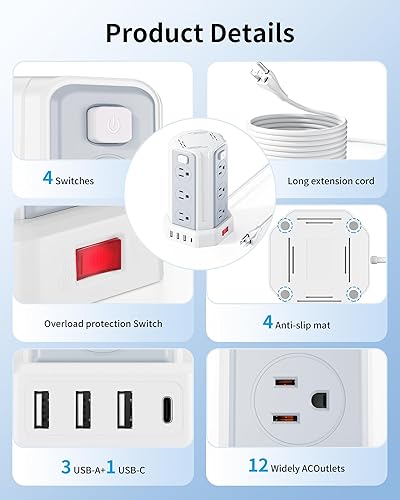 Miniatura 2 de SMALLRT Power Tower - Protector de sobretensiones, cable de extensión de 10 pies con 12 tomas de corriente alterna múltiples, 4 USB (1 USB C),