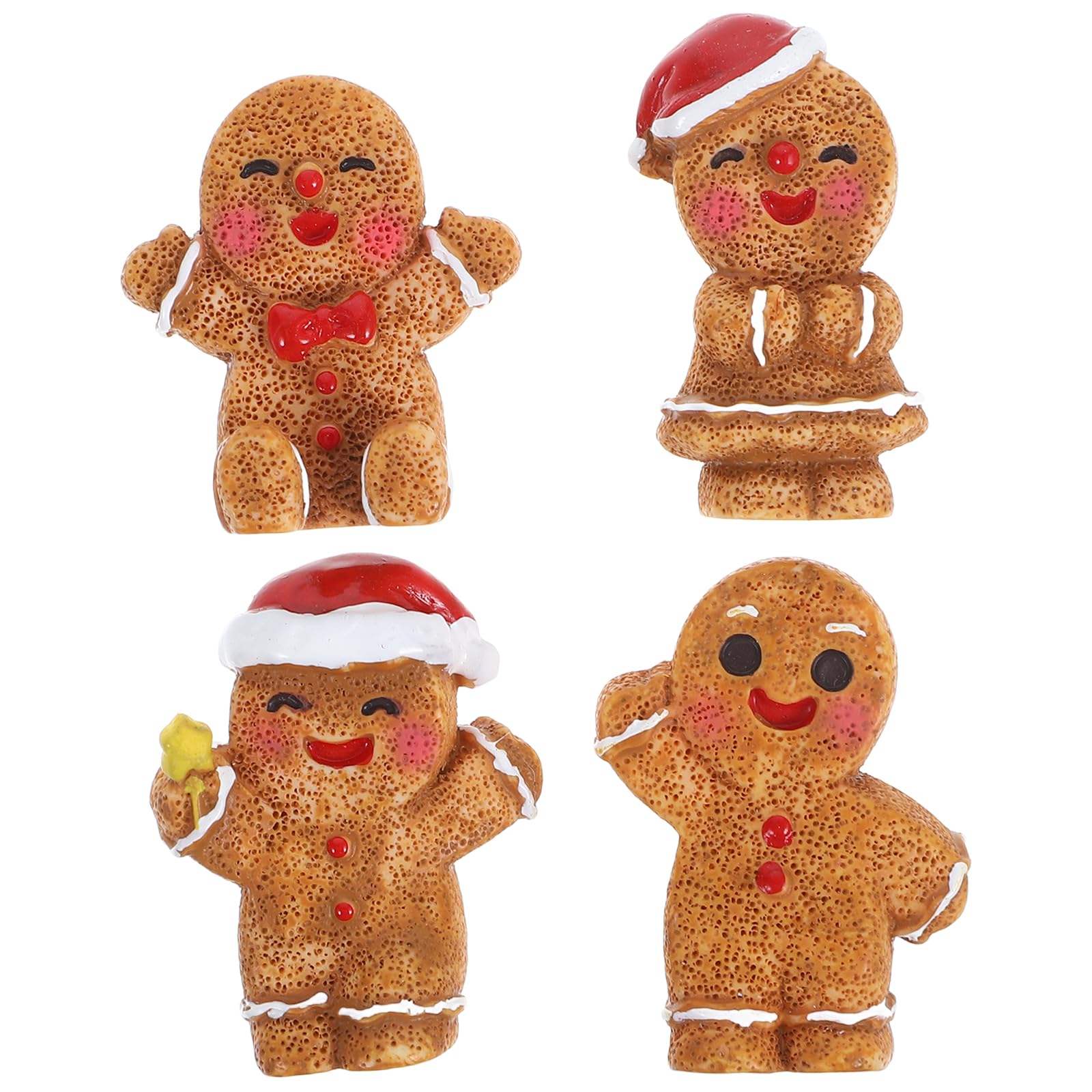 Amosfun 4pcs Gingerbread Man Ornaments, Miniature Resin Gingerbread Man Figurines, Statues for Dollhouse Decoration, Small Holiday Village Scene, Christmas Cake Decorat