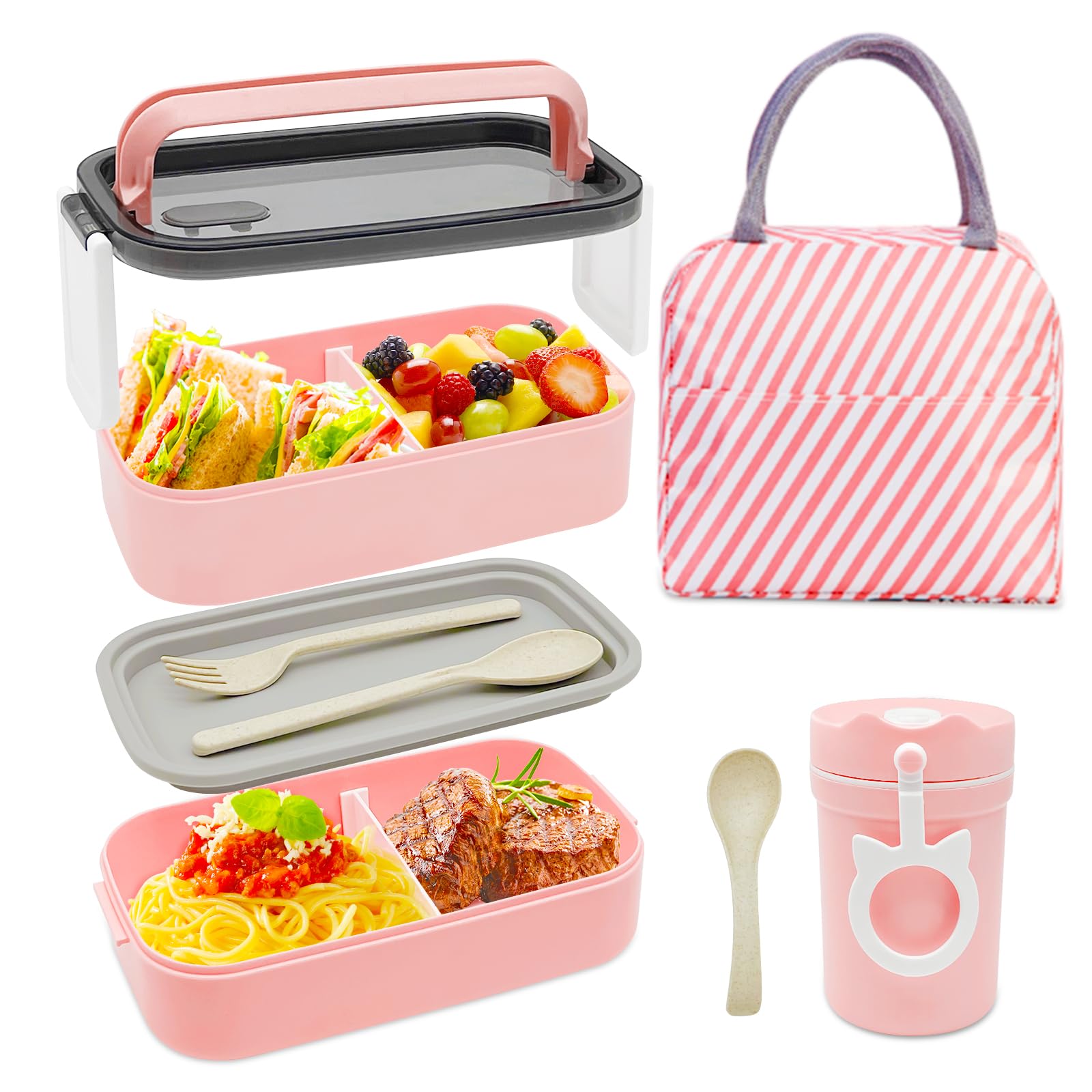 1400ML Bento Lunch Box with Cutlery,2 Layer Leak Proof Bento Box with Insulated Bag and Bottle,Lunch Box with Compartments,Lunch Box Bento Boxes for Kids Adults School Office Picnic(Pink)