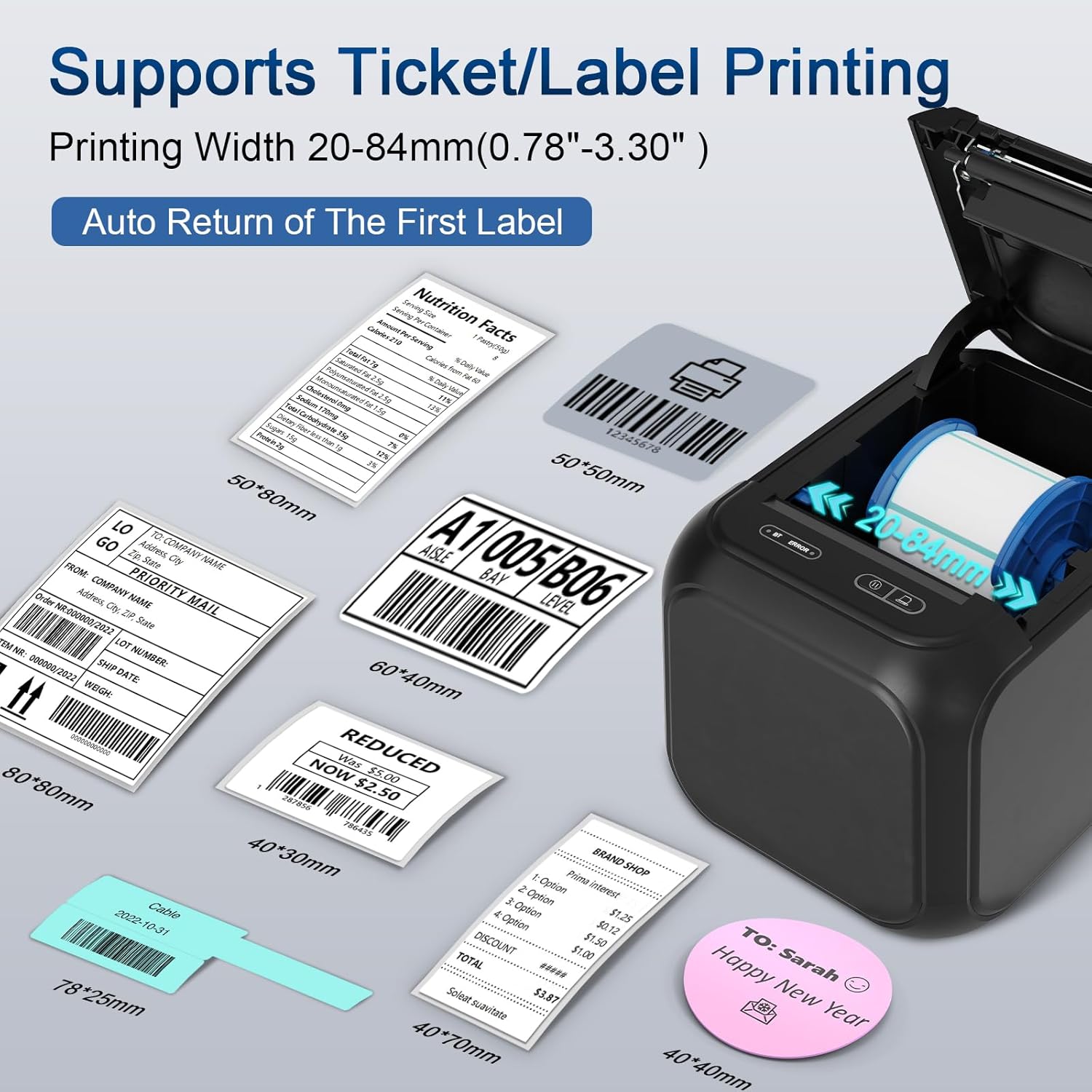CLABEL Desk Bluetooth Barcode Label Printer: Label Maker with Direct Thermal Printing, 2-3 Inch Print Width for Barcodes Address Warehouse with 1 Roll 40x30mm Label (3 Inch Soot)