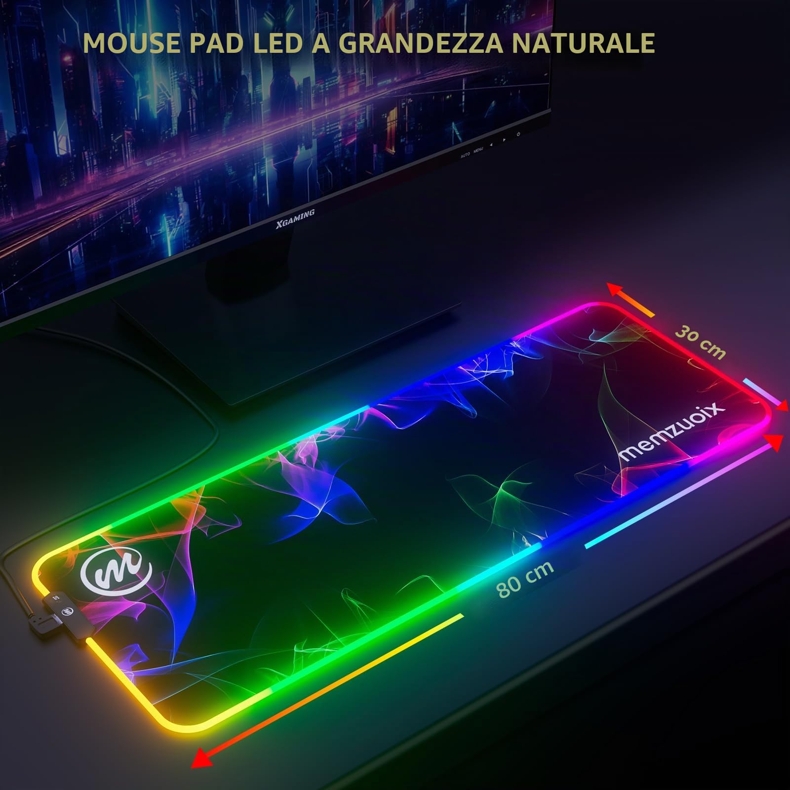 Tappetino Mouse Gaming RGB XXL – Base LED Grande Da Scrivania 80×30 cm Con 12 Modalità Di Illuminazione, Impermeabile, Base Antiscivolo, Superficie Liscia – Per Tastiera, Mouse, PC E Laptop – Design