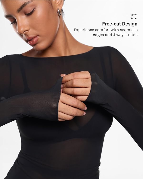 INLYRIC Women's Mesh Sheer Boat Neck Long Sleeve Tops Black X-Small by INLYRIC - Used condition - Image 4