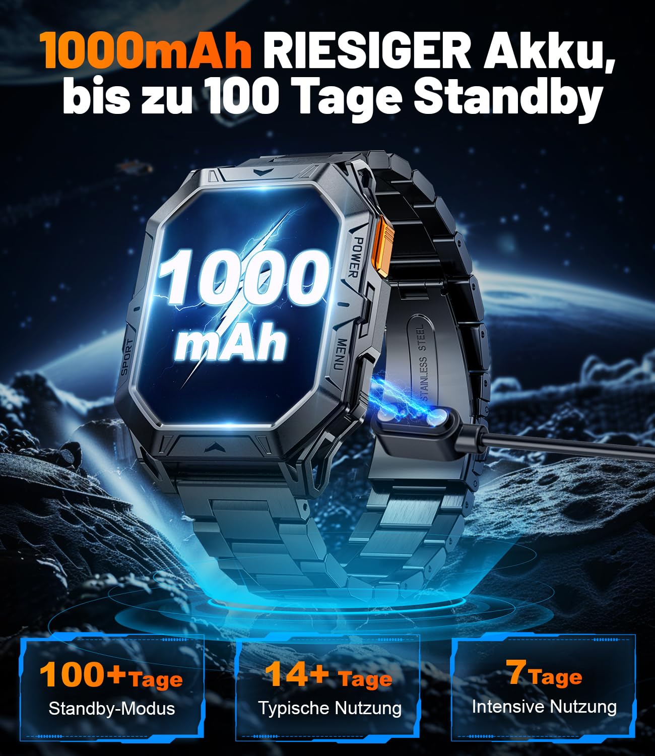Smartwatch Herren Militär, 2.13" AMOLED mit 256 MB,1000mAh Akku, Barometerdruck/ Höhenmesser/Kompass, Smart Watch mit Telefonfunktion, 100+ Sportmodi Fitness-Tracker, 10ATM Wasserdicht für Android iOS