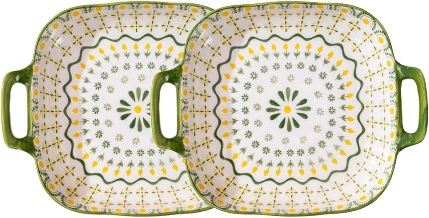 Ceramic Dinner Plates,Porcelain Salad Plate with Handle,Ceramic Floral Dessert Plate Set of 4,9.5 Inch Decorative Dining Plates,for Appetizer,Steak,Fruit,Microwave Oven Dishwasher Safe