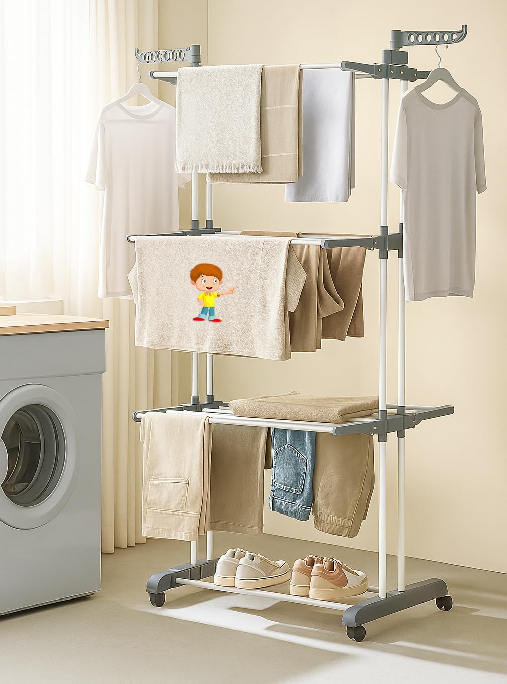 FLIPZON Premium 3 Layer Clothes Drying Stand with Wheels | Foldable Wings | Double Pole Alloy Steel Rack | 360° Rotatable Hanger Rods | Portable Balcony Laundry Dryer (White & Grey)