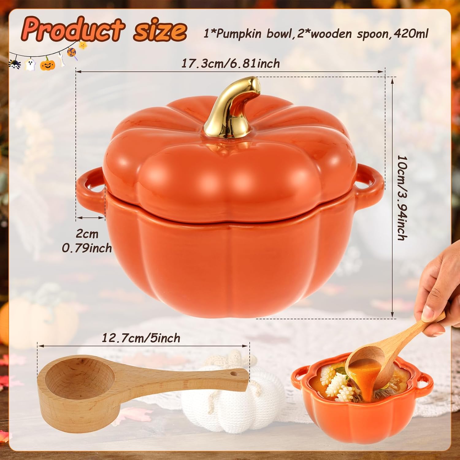 Fall Pumpkin Ceramic Bowl with Lid & 2 Wooden Spoons, Pumpkin Pot, Microwave & Dishwasher Safe Pumpkin Soup Bowl with Handle for Home Thanksgiving Halloween Party, Halloween