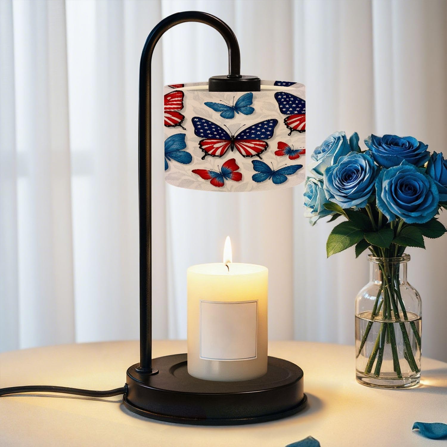 Candle Warmer Lamp with Timer Patriotic Butterfly Design American Flag Red White Blue Dimmable Wax Warmer with 4 Bulbs for Jar Candles Women Birthday Gifts House Warming New Home Decor