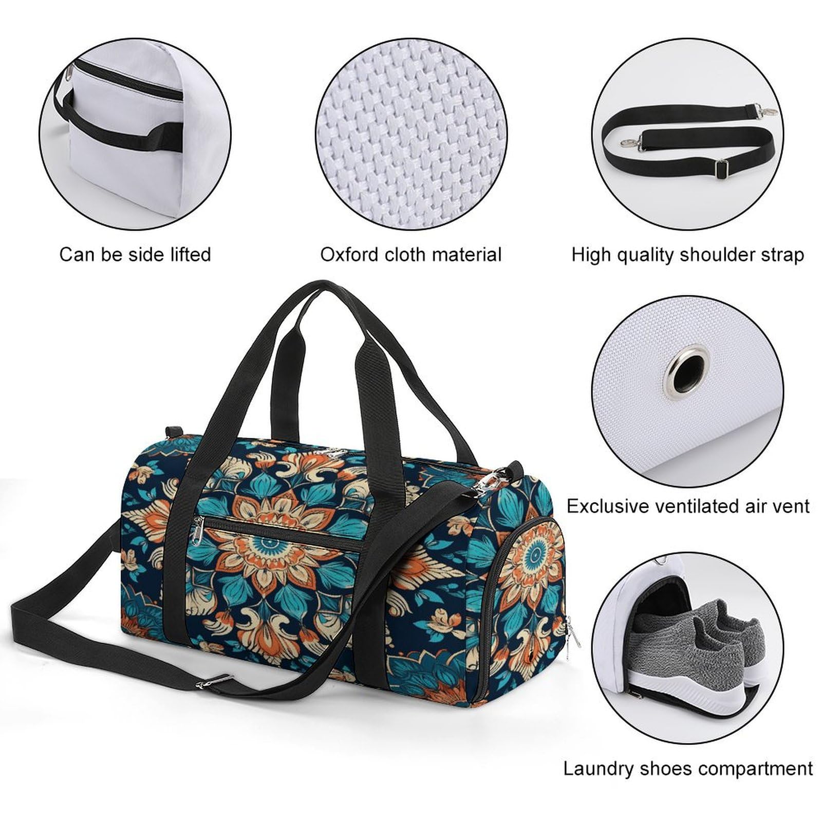 Turnbeutel für Damen und Herren, Vintage-Mandala-Blumendruck, Turnbeutel, wiederverwendbar, Turnbeutel mit Schuhfach, Stil, Einheitsgröße, modern, Stil:, Einheitsgröße, Modern
