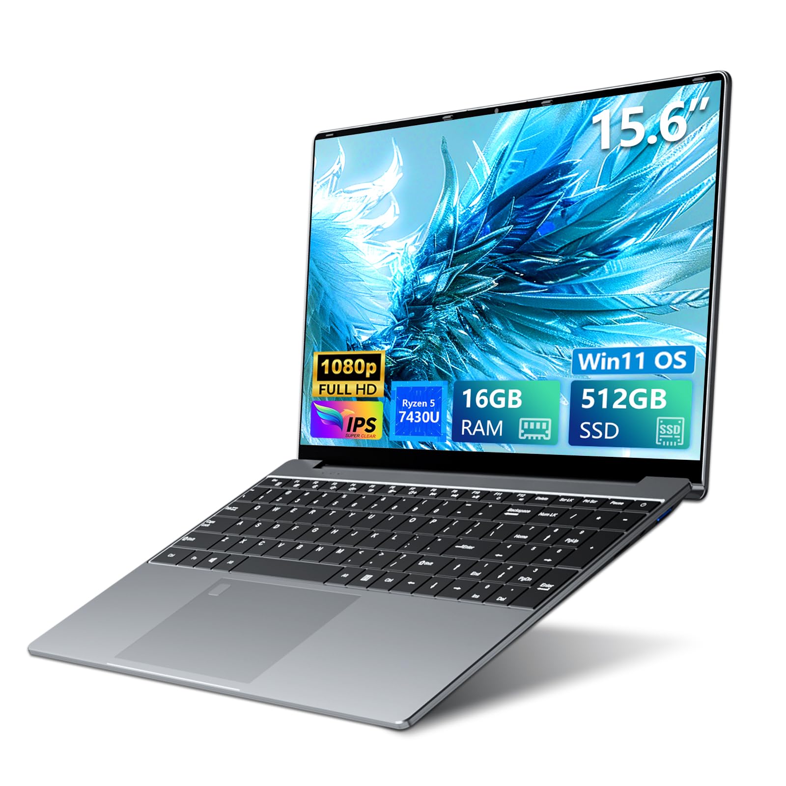 Ordenador Portáti AND Ryzen5 7430U, 15.6 Pulgadas PC Portatil 16GB RAM 512GB SSD, Laptop Gráficos Radeon, Desbloqueo Huellas Dactilares/Teclado Retroiluminado, Tipo-C+USB 3.0+Mini-HDMI+6000mAh Battery