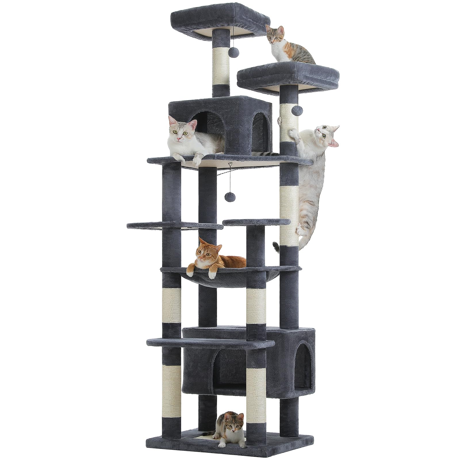 PAWZ Road Heavy Duty Cat Tree for Large Cats, 81 Inches Tall Cat Tower with 2 Perches, 2 Condos and Spacious Hammock, Large Condo with 7 Scratching Posts for 20lb+ Adult Cats, 205cm Dark Grey XL
