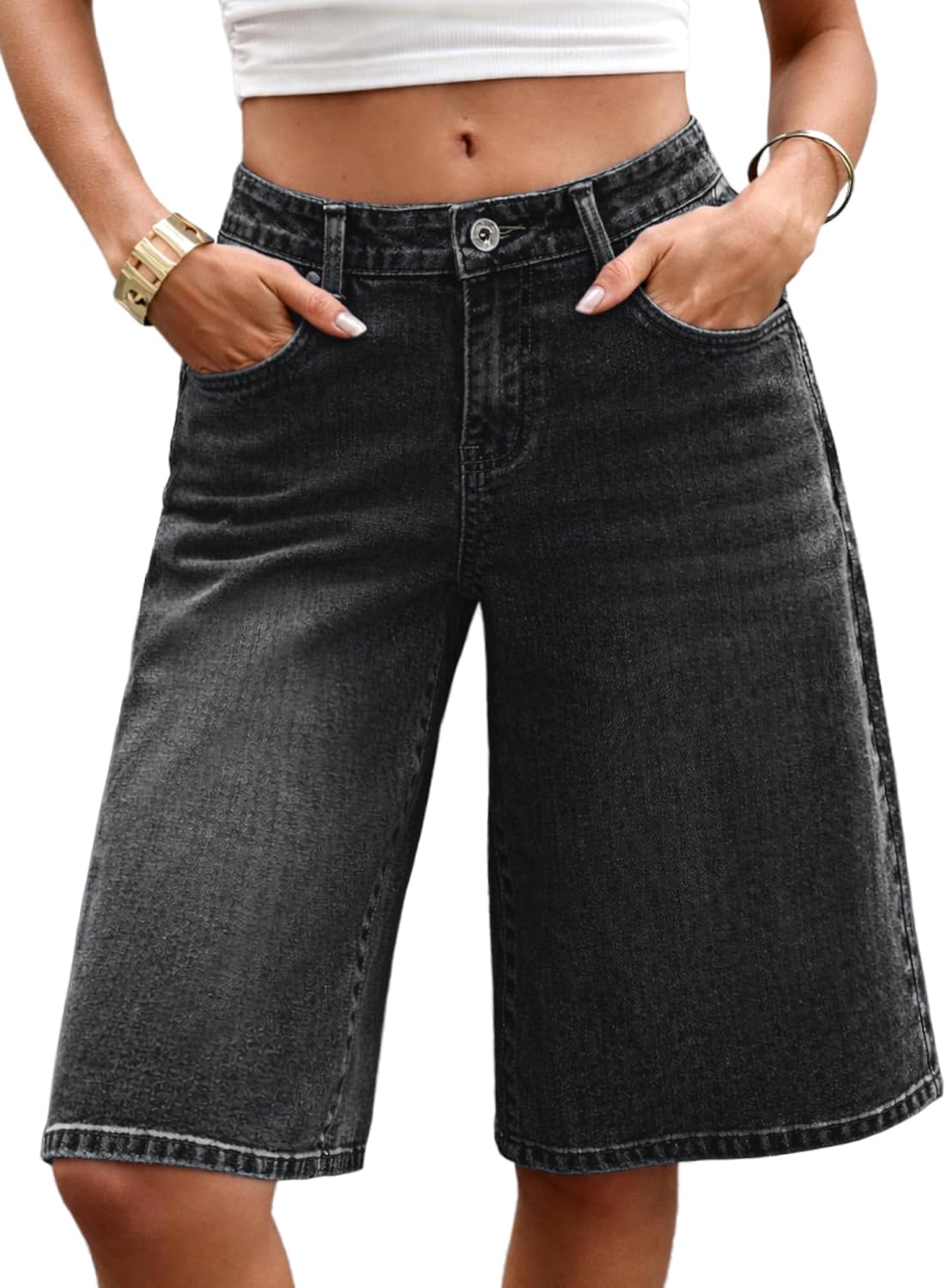 ELLEVEN Low Rise Baggy Denim Shorts Stretchy Bermuda Knee Length Long Shorts for Women Summer Streetwear Short Jeans