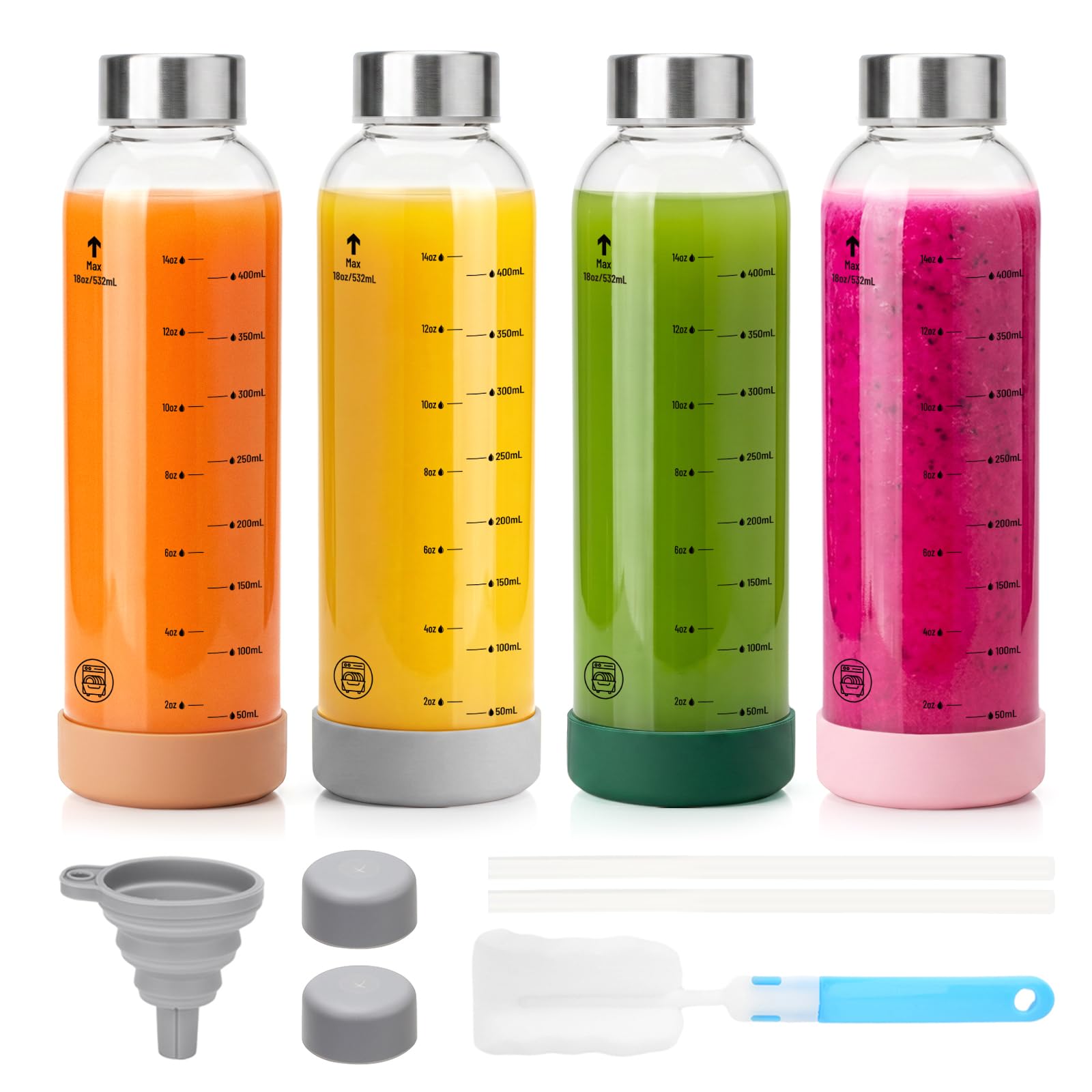 Zukro 18 oz Glass Water Bottles with Stainless Steel Lids &amp; Volume Marking