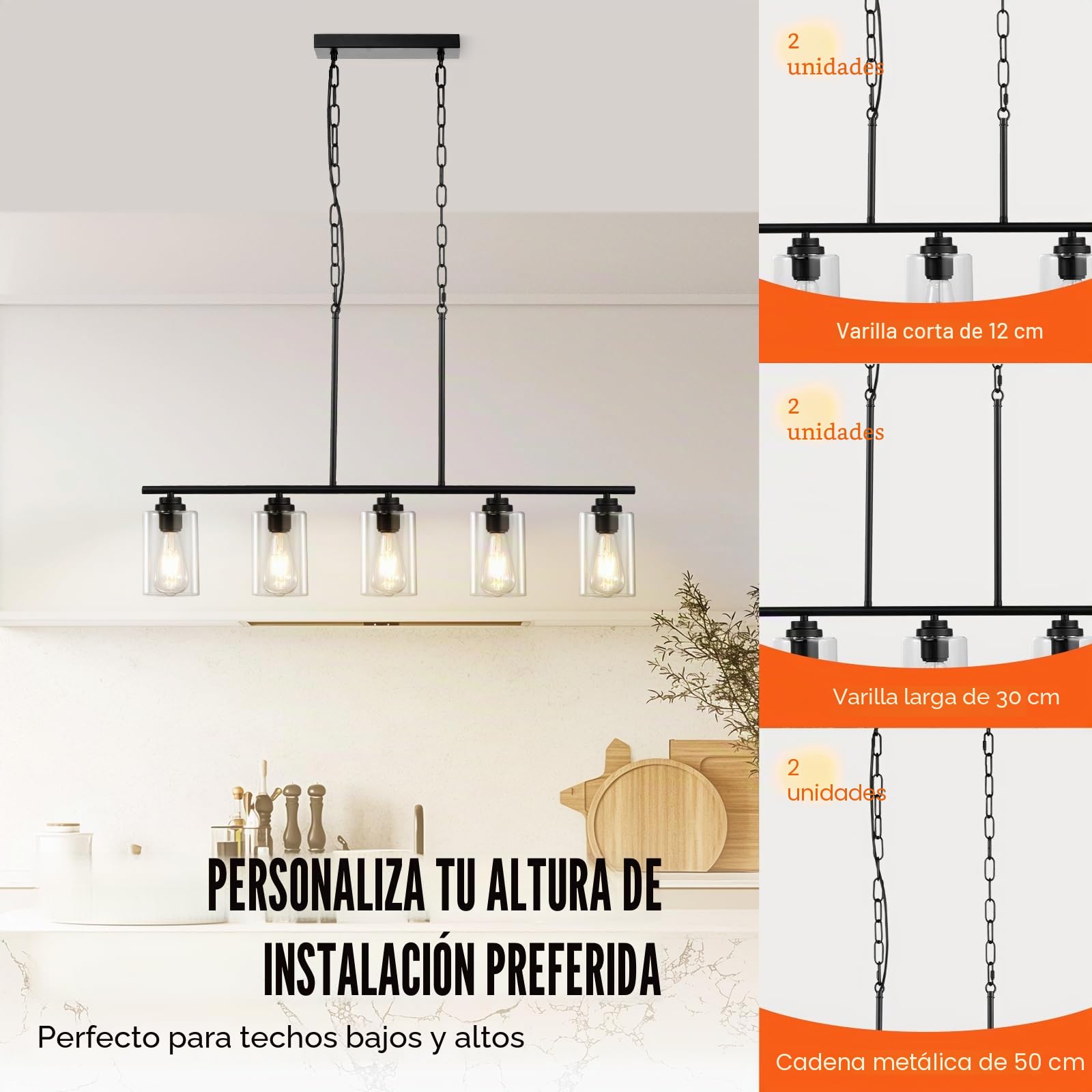 VEVOR Luces Colgantes de Isla de Cocina de 5 Luces, 60 W, Lámpara de Comedor Ajustable con Pantalla de Vidrio Transparente, 4 Varillas, 2 Cadenas de Metal, Luces con Marco de Metal para Comedor, E27
