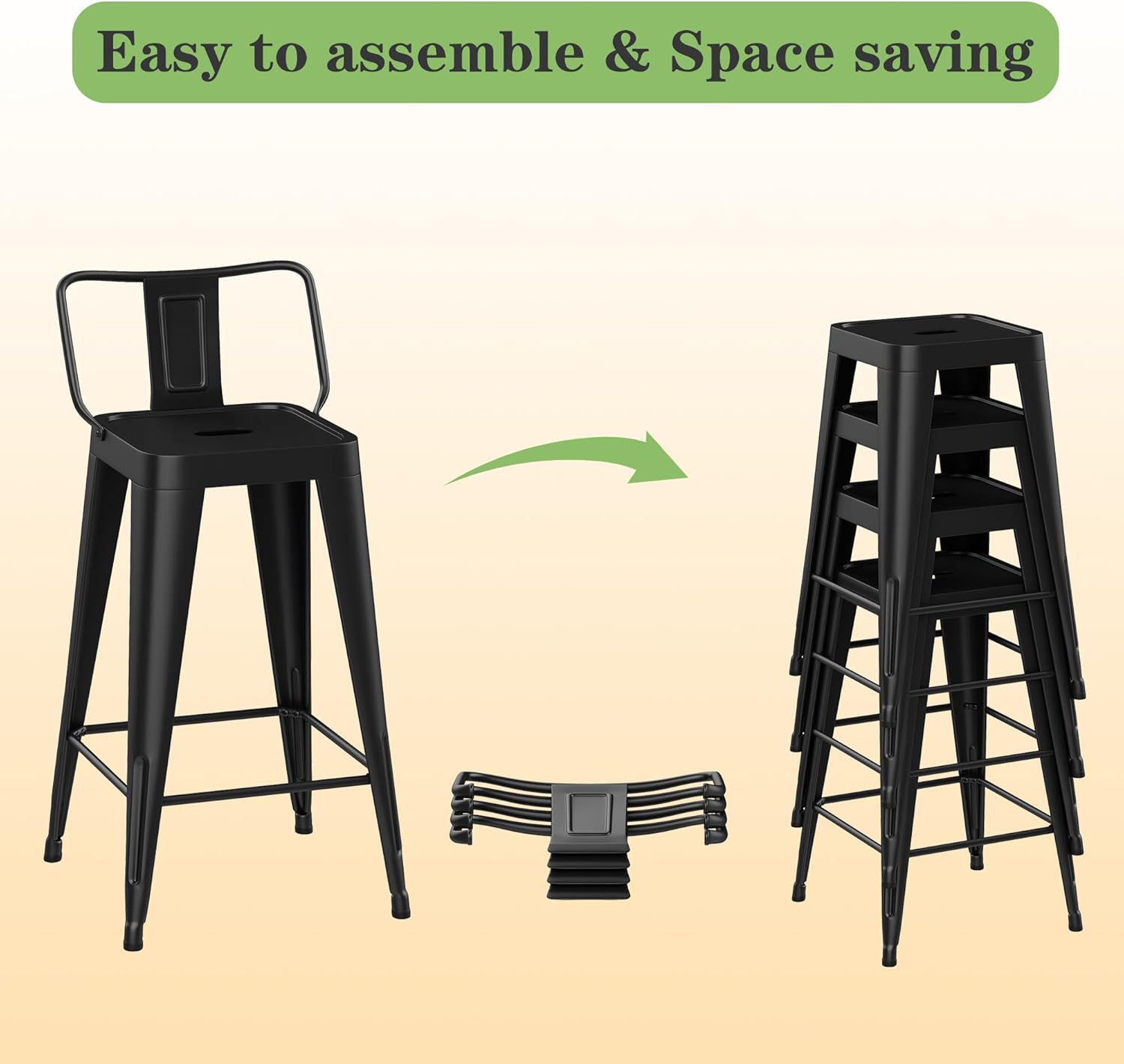 Metal Bar Stools Set of 4 Barstools Indoor/Outdoor Counter Height Bar Stools Bar Chairs with Back bar Height for Kitchen Island Dining Room (Black, 30inch)