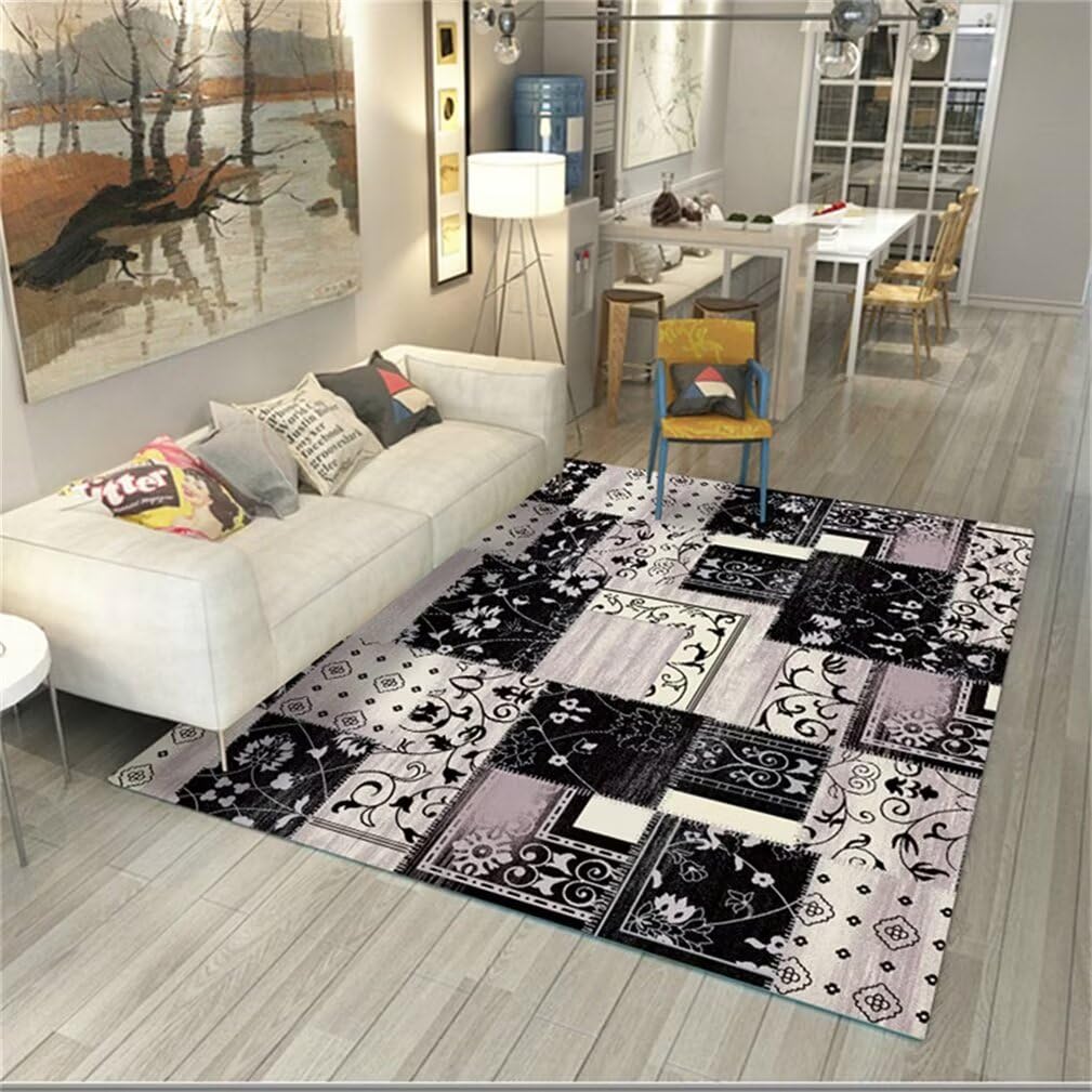 Tapis de salon universel noir 120x120cm à motif floral pastoral