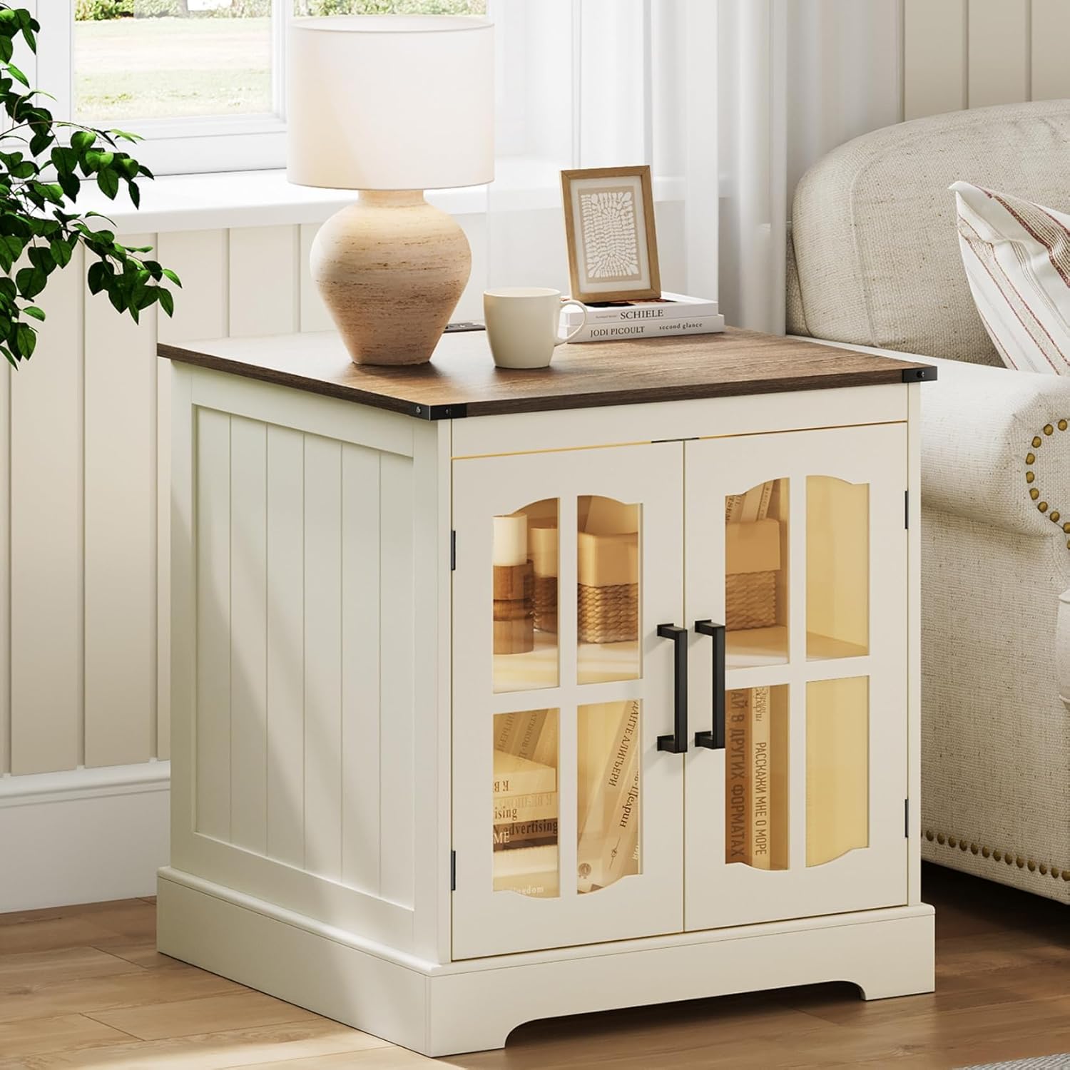 ChooChoo Farmhouse End Table with Charging Station, 24" Large Sofa Side Table with LED, Square Nightstand with Glass Barn Door, Bedside Table with Storage for Living Room, Beige?Cream and Brown Beige?cream and Brown) 1 pack