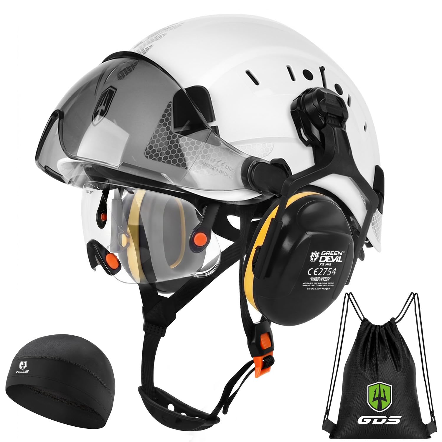 GREEN DEVIL Mervex Casco protettivo – Casco forestale con doppio vetro protettivo EN166 & silenziatore EN352 SNR32dB, certificato EN397, materiale ABS unisex per giardinaggio, cascate e cantieri