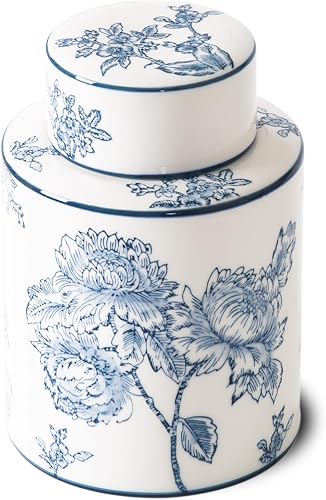 Ceramic Blue and White Ginger Jar for Home Decor, Decorative Jars with Lid | Magclay Cylindrical Vase Decor, 7.7x5.4 Inch, Flowers and Branches