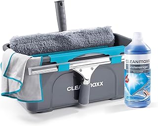 CLEANmaxx Fensterreiniger Set | 7-TLG. Fensterputzer Set für Oberflächen in Haus & Auto - inklusive Fensterabzieher, Fensterwischer, Reiniger, Wischtuch, Eimer und Halterungen für Wischer & Abzieher