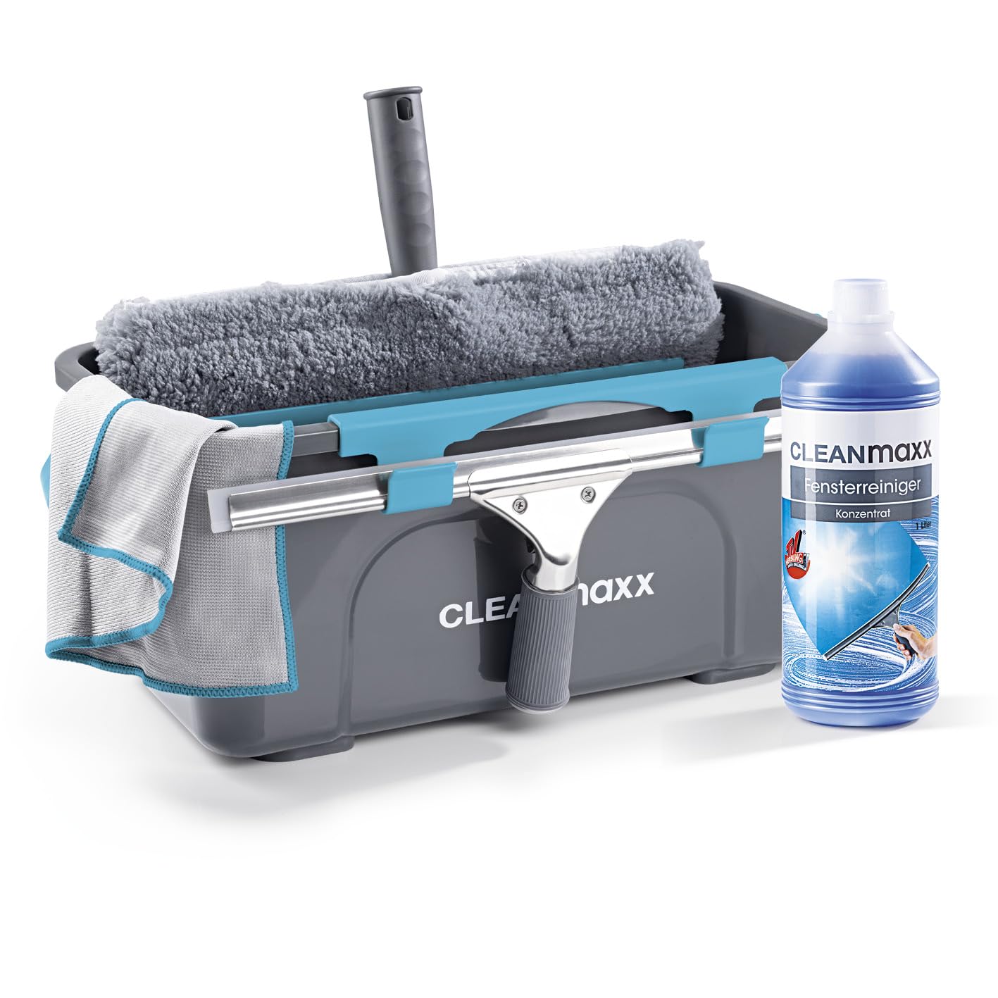CLEANmaxx Fensterreiniger Set | 7-TLG. Fensterputzer Set für Oberflächen in Haus & Auto - inklusive Fensterabzieher, Fensterwischer, Reiniger, Wischtuch, Eimer und Halterungen für Wischer & Abzieher